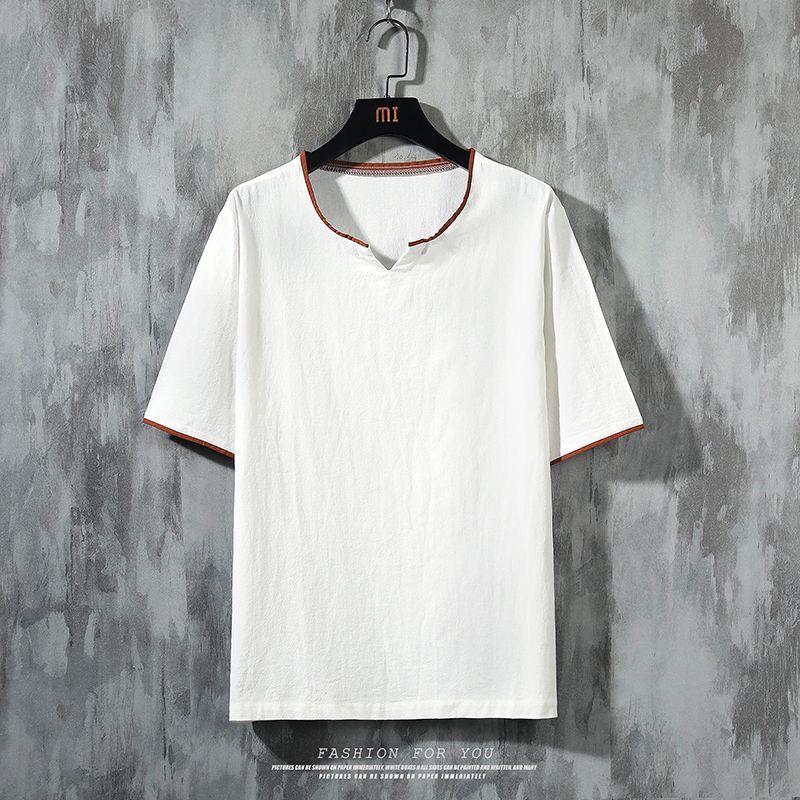 Men'S Summer Short-Sleeved T-Shirt Plus Size Loose Chinese Style Half-Sleeved Solid Color Cotton Linen Shirt Trendy Casual Tang T-Shirt - Image 3