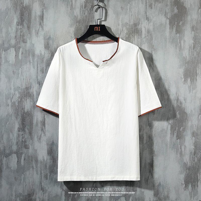 Men'S Summer Short-Sleeved T-Shirt Plus Size Loose Chinese Style Half-Sleeved Solid Color Cotton Linen Shirt Trendy Casual Tang T-Shirt - Image 1