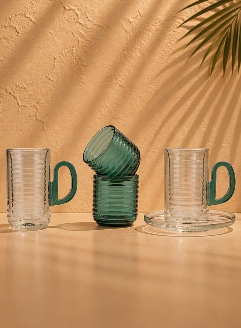 Raz 18 Pieces Tea & Coffee Serving Set – Double-Wall Glass with Ribbed Inner Cup & Clear Saucer - Image 1