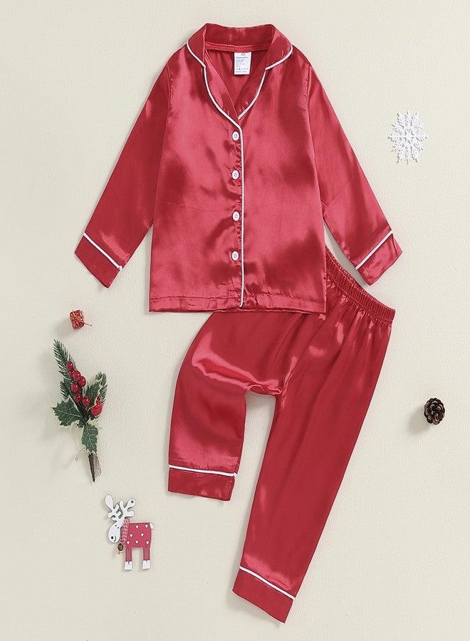 Multitrust Baby Girls Boys Silk Pajamas Set Solid Long Sleeve Button Down Shirts Tops and Pants Infant Satin Pj Lounge Sets (Red, 2-3 Years) - Image 3