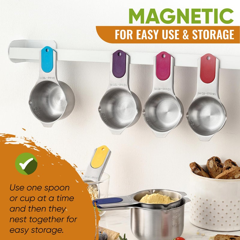 Spring Chef Magnetic Measuring Cups & Spoons Set, Patented, Strong N45 Magnets, Heavy Duty Stainless Steel Fits in Spice Jars for Baking & Cooking, BPA Free, Set of 15 with Leveler, Multicolor - Image 4