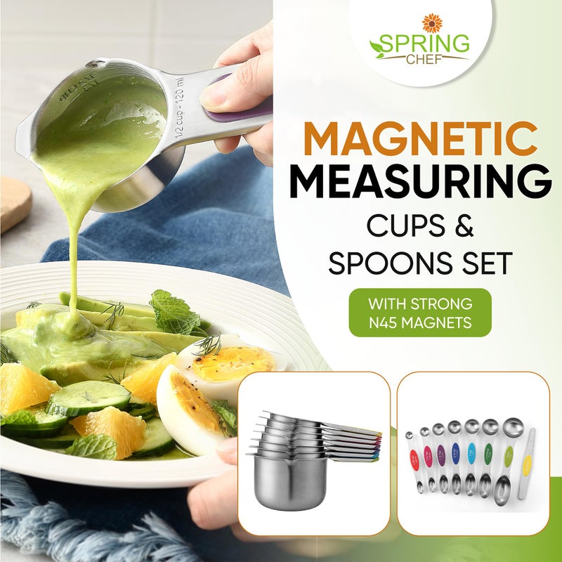 Spring Chef Magnetic Measuring Cups & Spoons Set, Patented, Strong N45 Magnets, Heavy Duty Stainless Steel Fits in Spice Jars for Baking & Cooking, BPA Free, Set of 15 with Leveler, Multicolor - Image 3