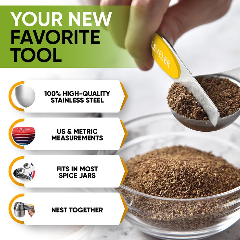Spring Chef Magnetic Measuring Cups & Spoons Set, Patented, Strong N45 Magnets, Heavy Duty Stainless Steel Fits in Spice Jars for Baking & Cooking, BPA Free, Set of 15 with Leveler, Multicolor - Image 5