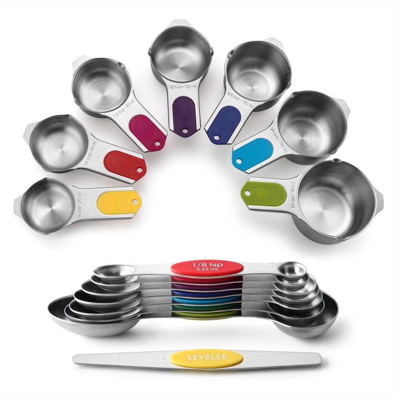 Spring Chef Magnetic Measuring Cups & Spoons Set, Patented, Strong N45 Magnets, Heavy Duty Stainless Steel Fits in Spice Jars for Baking & Cooking, BPA Free, Set of 15 with Leveler, Multicolor - Image 1