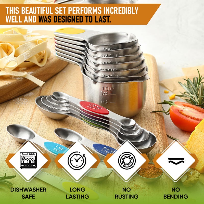 Spring Chef Magnetic Measuring Cups & Spoons Set, Patented, Strong N45 Magnets, Heavy Duty Stainless Steel Fits in Spice Jars for Baking & Cooking, BPA Free, Set of 15 with Leveler, Multicolor - Image 2