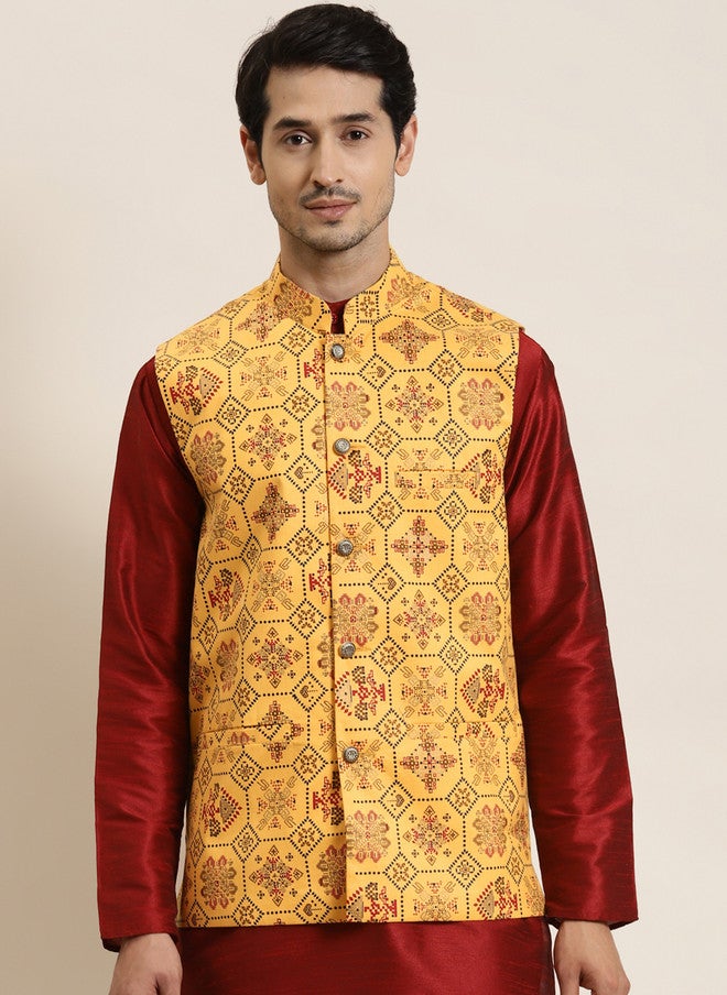 Sojanya Yellow Ethnic Motifs Printed Nehru Jacket - Image 1