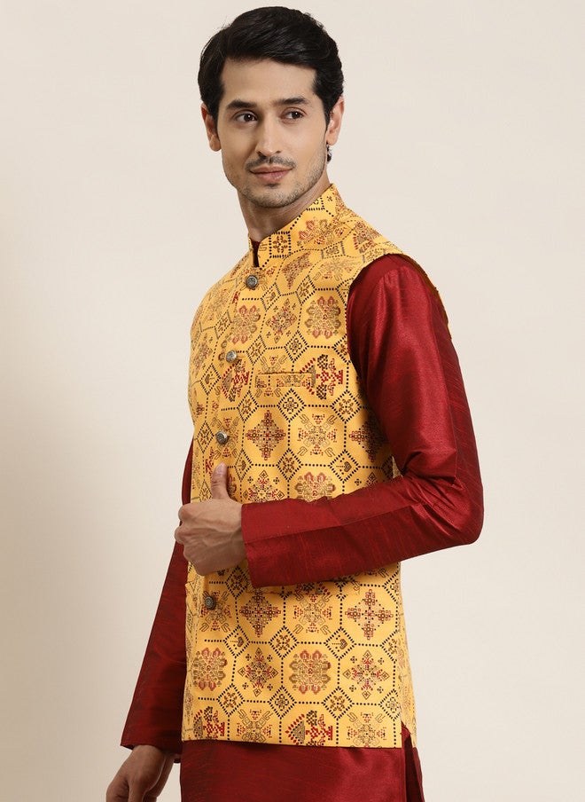 Sojanya Yellow Ethnic Motifs Printed Nehru Jacket - Image 3
