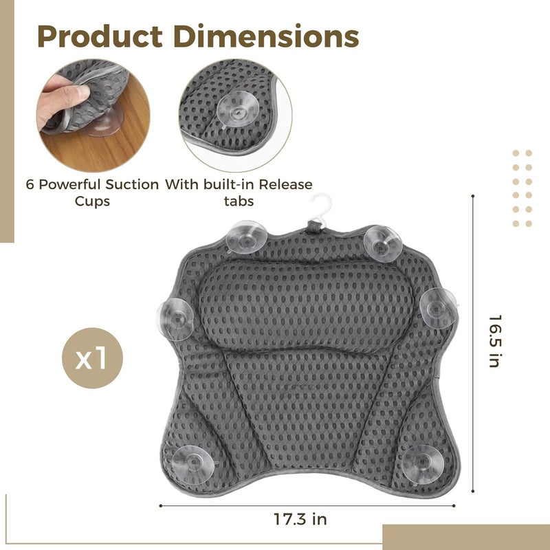 4D Mesh Bathtub Pillow, Head, Neck, and Back Support, 16.5 X 17.3 in, Ergonomic Wave Design, Non-Slip Suction Cups, Quick-Drying for Relaxation - Image 5