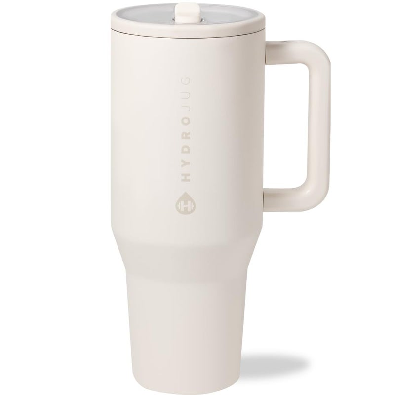HydroJug Traveler 40 oz Water Bottle with Handle Flip Straw Fits in Cup Holder Leak Resistant TumblerReusable Insulated Stainless Steel Rubber Base Gifts for Women Men Cream
