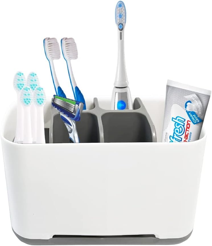 LEAWALL Plastic Toothbrush Holders for Bathroom Multipurpose Storage Holder Stand for Bathroom Toothbrush Tongue Cleaner Soap Comb Razor Shaving Kit and Toiletries Cosmetics Organizer (Gray) - Image 5