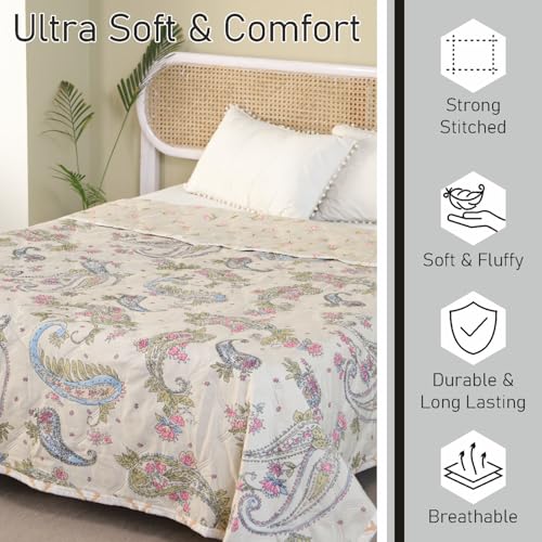 Fancy Walas Dohar Double Bed 100% Cotton Blankets for Summer | 90x100inch, 150GSM Ac Comforter and Cooling Blankets for Summer | Cream Color Curry | Classic Printed Design | Quilt | Ideal for Gifting - Image 3