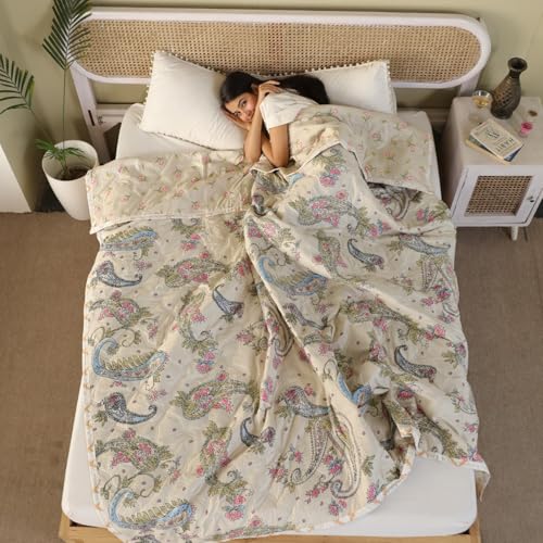 Fancy Walas Dohar Double Bed 100% Cotton Blankets for Summer | 90x100inch, 150GSM Ac Comforter and Cooling Blankets for Summer | Cream Color Curry | Classic Printed Design | Quilt | Ideal for Gifting - Image 2