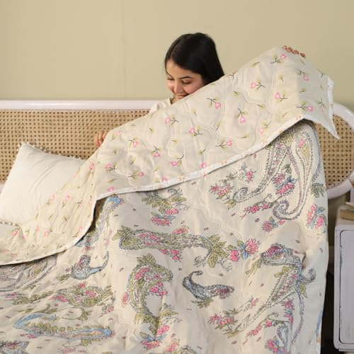 Fancy Walas Dohar Double Bed 100% Cotton Blankets for Summer | 90x100inch, 150GSM Ac Comforter and Cooling Blankets for Summer | Cream Color Curry | Classic Printed Design | Quilt | Ideal for Gifting - Image 4
