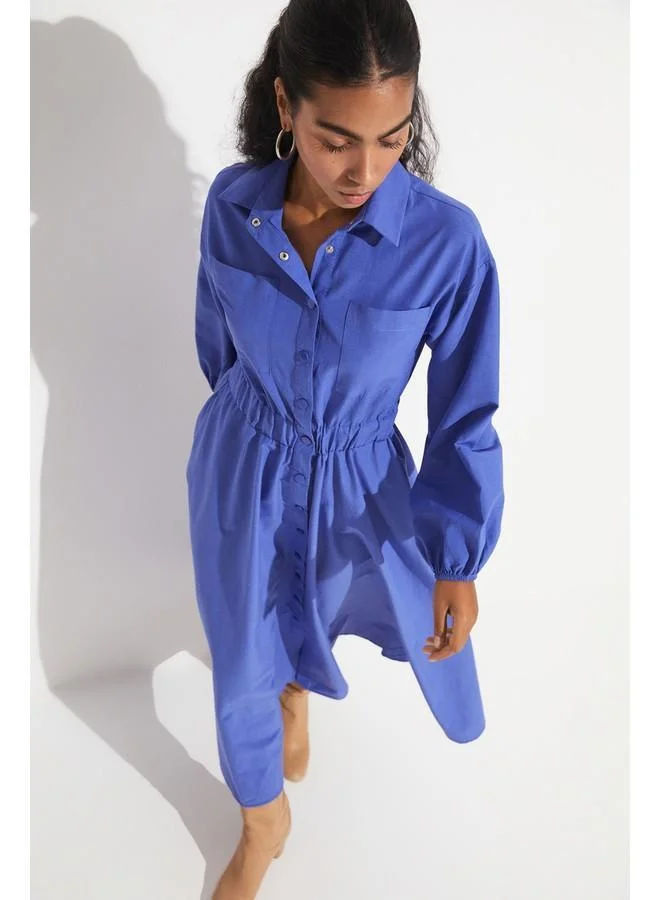 JUNE June Pocket Detailed Elastic Waist Poplin Shirt Dress Dark Blue