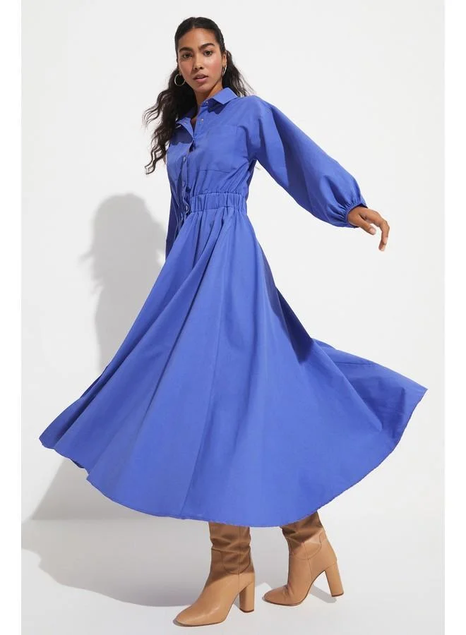 JUNE June Pocket Detailed Elastic Waist Poplin Shirt Dress Dark Blue