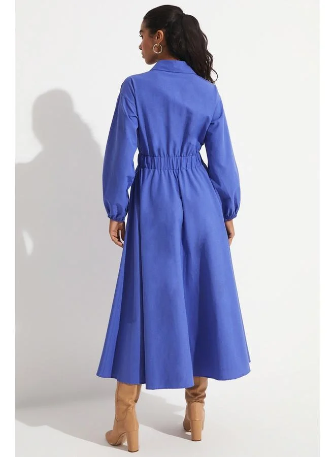 JUNE June Pocket Detailed Elastic Waist Poplin Shirt Dress Dark Blue