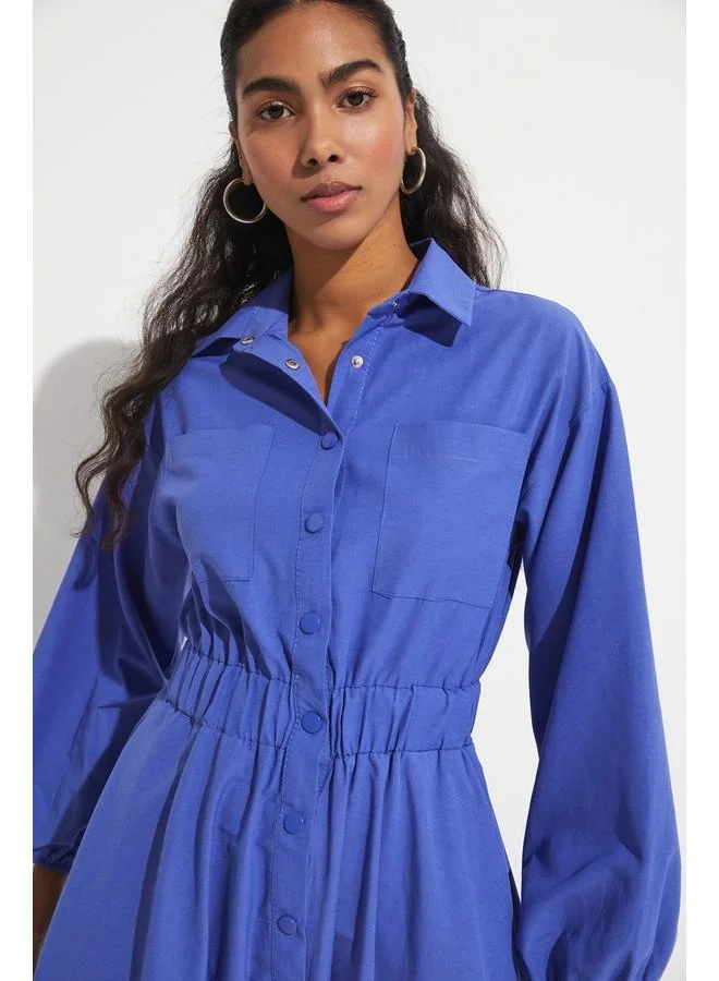 JUNE June Pocket Detailed Elastic Waist Poplin Shirt Dress Dark Blue