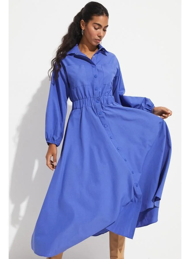 JUNE June Pocket Detailed Elastic Waist Poplin Shirt Dress Dark Blue