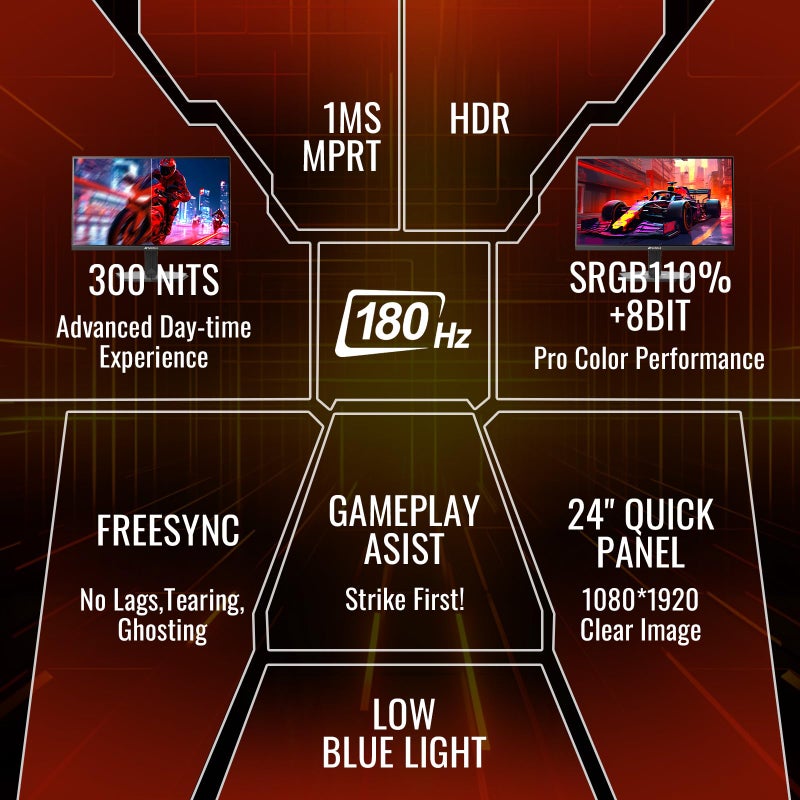 SANSUI Gaming Monitor, 24 Inch 180Hz, FHD 1080P 1ms 110% sRGB Computer Monitor, HDMI DP Ports VESA Support for Game Office (HDMI Cable Included) - Image 2
