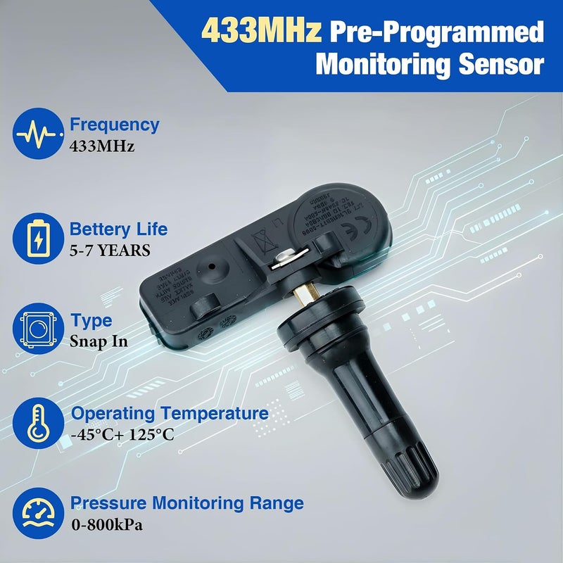 ستيري مجموعة من 4 أجهزة استشعار ضغط الإطارات بتردد 433 ميغاهرتز لنظام TPMS، مصممة للاستبدال المسبق لطراز RAM 1500 DT (2019-2024)، وتتوافق مع جهاز الاستشعار الأصلي رقم OE 68293199AA. تتميز بتصميم سهل التركيب، عمر بطارية يتراوح بين 5 إلى 7 سنوات، ونقل إشارات موثوق به. تأتي مع ضمان استبدال لمدة سنة واحدة. - Image 3