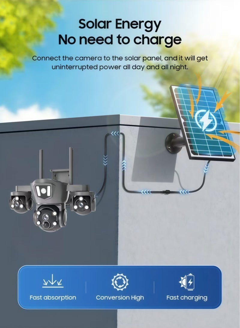12MP 6K Solar 4G Secruity Camera True Triple Lens Triple View PTZ 360 Full Color Night Vision Outdoor PIR Human Detection，3 lenses show 3 views,  motion detection + red - blue alerts,  two - way talk—all - round! (With 128GB SD Card) - Image 3