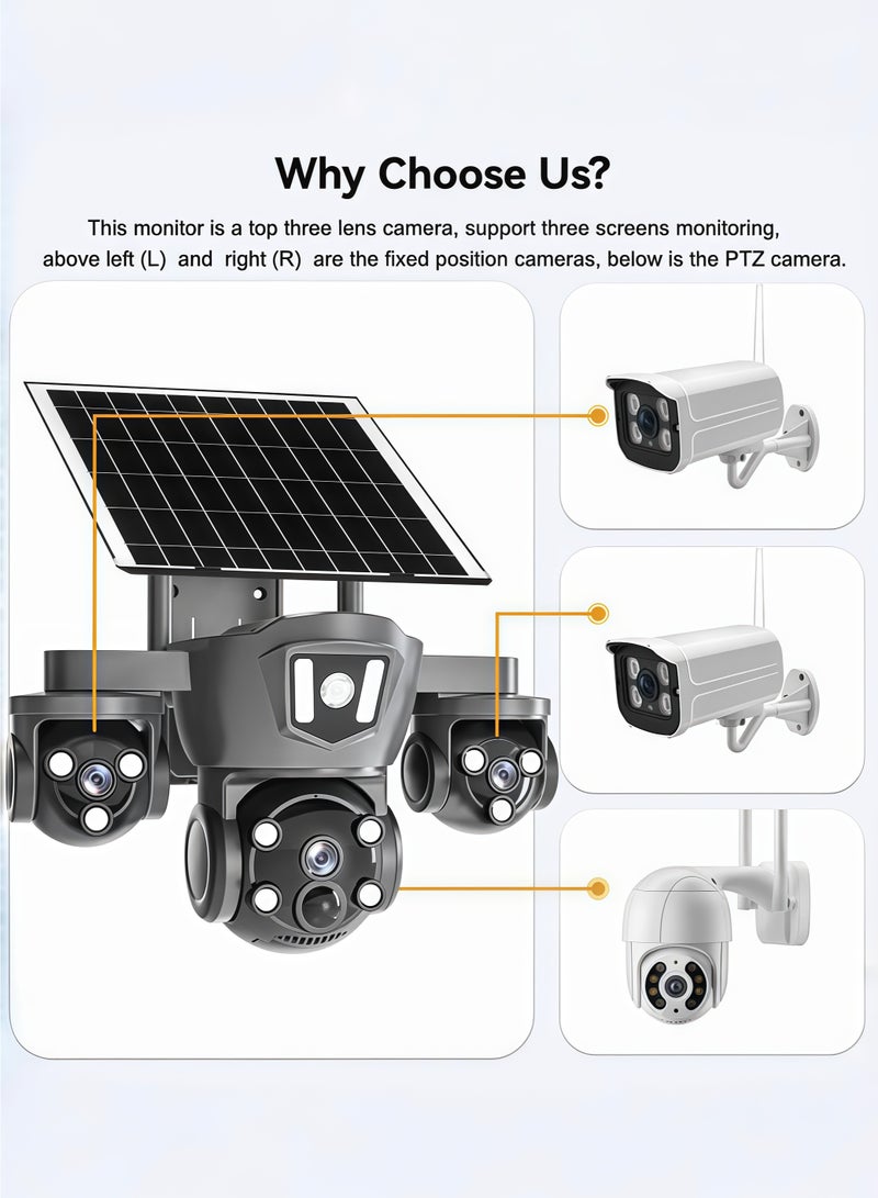 12MP 6K Solar 4G Secruity Camera True Triple Lens Triple View PTZ 360 Full Color Night Vision Outdoor PIR Human Detection，3 lenses show 3 views,  motion detection + red - blue alerts,  two - way talk—all - round! (With 128GB SD Card) - Image 4