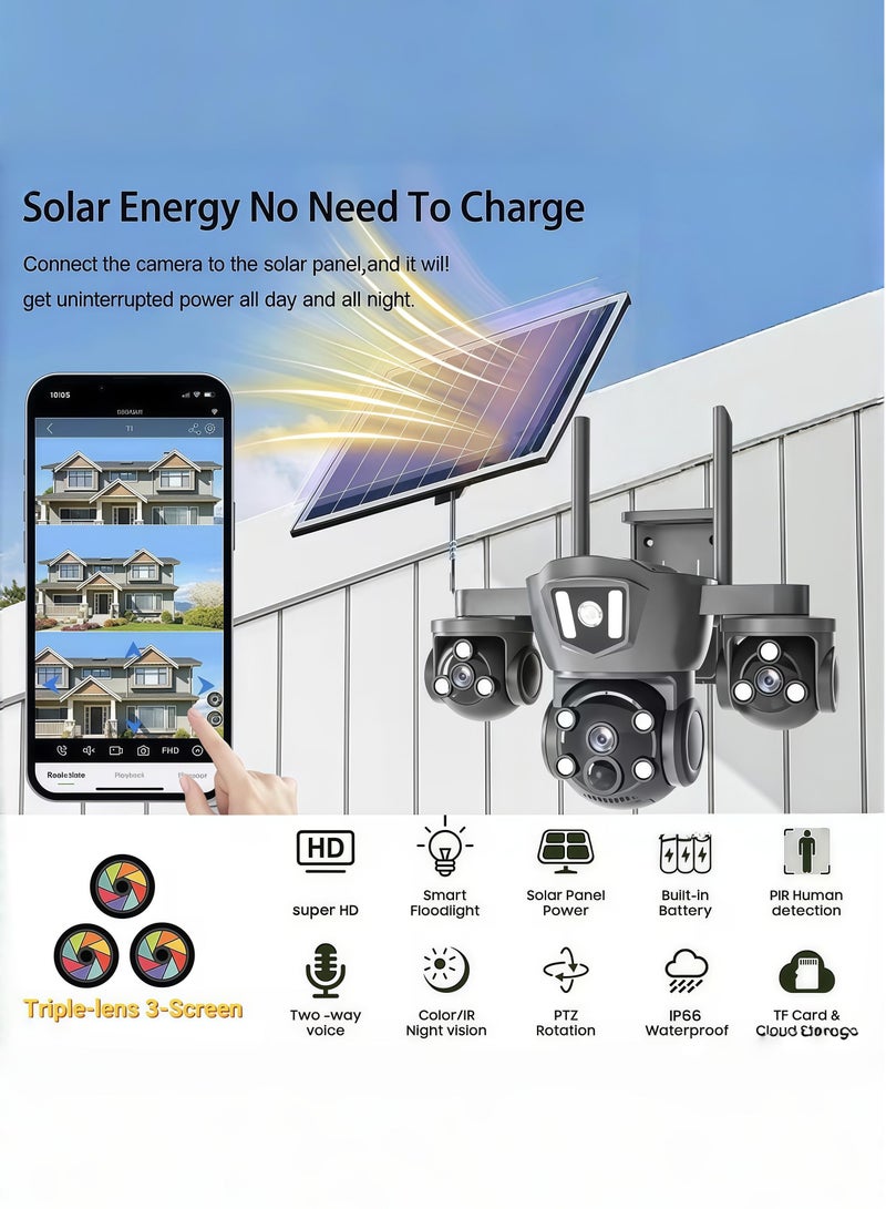 12MP 6K Solar 4G Secruity Camera True Triple Lens Triple View PTZ 360 Full Color Night Vision Outdoor PIR Human Detection，3 lenses show 3 views,  motion detection + red - blue alerts,  two - way talk—all - round! (With 128GB SD Card) - Image 2