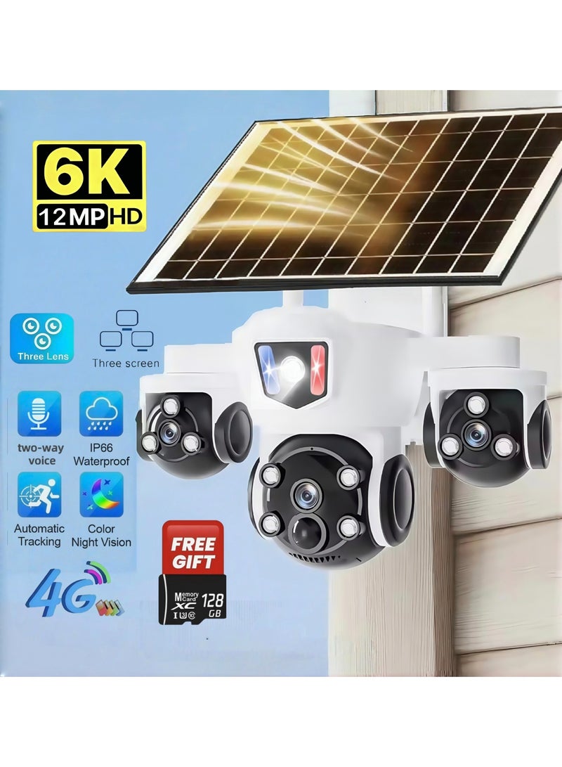 12MP 6K Solar 4G Secruity Camera True Triple Lens Triple View PTZ 360 Full Color Night Vision Outdoor PIR Human Detection，3 lenses show 3 views,  motion detection + red - blue alerts,  two - way talk—all - round! (With 128GB SD Card) - Image 1