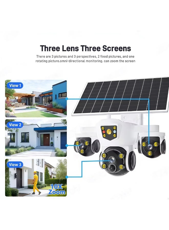 12MP 6K Solar 4G Secruity Camera True Triple Lens Triple View PTZ 360 Full Color Night Vision Outdoor PIR Human Detection，3 lenses show 3 views,  motion detection + red - blue alerts,  two - way talk—all - round! (With 128GB SD Card) - Image 3