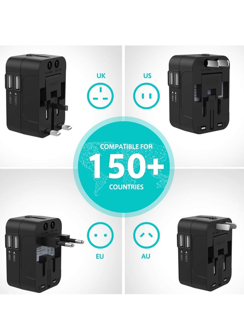 محول سفر عالمي مزدوج USB، محول سفر عالمي شامل مع شاحن حائط ومنافذ USB مع مخرج طاقة متعدد 2.1A، شاحن سفر بجهد 100-250 (أسود) - Image 3