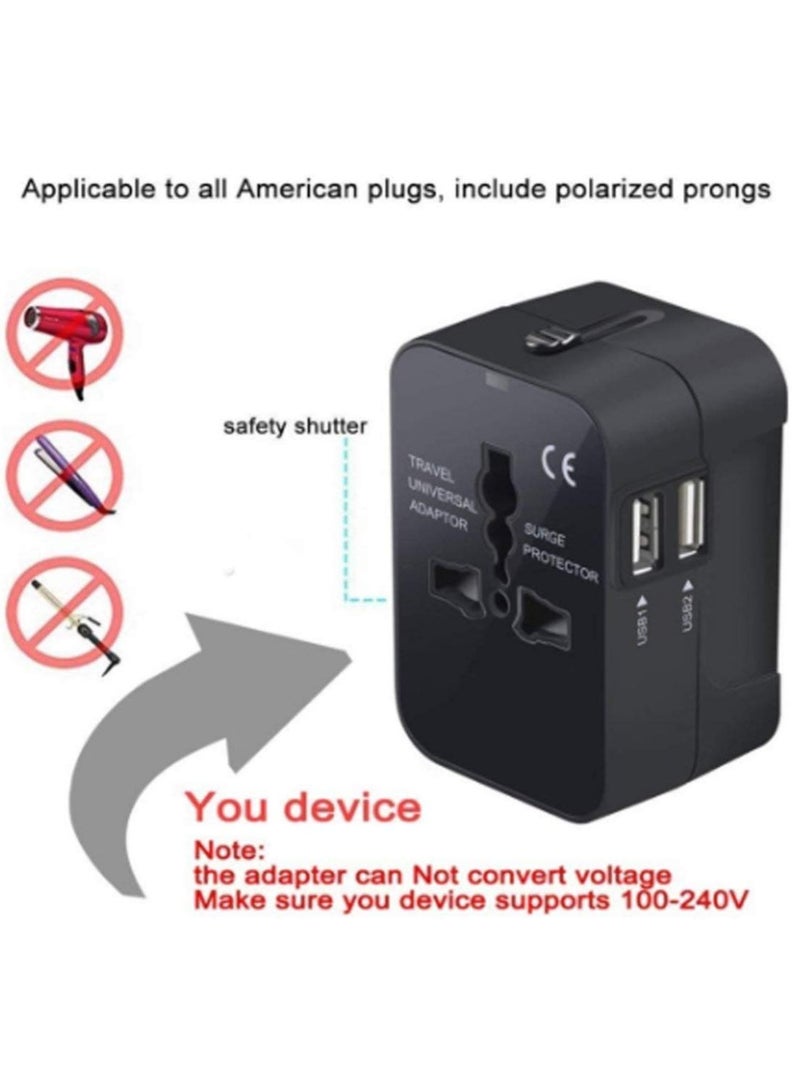 محول سفر عالمي مزدوج USB، محول سفر عالمي شامل مع شاحن حائط ومنافذ USB مع مخرج طاقة متعدد 2.1A، شاحن سفر بجهد 100-250 (أسود) - Image 5
