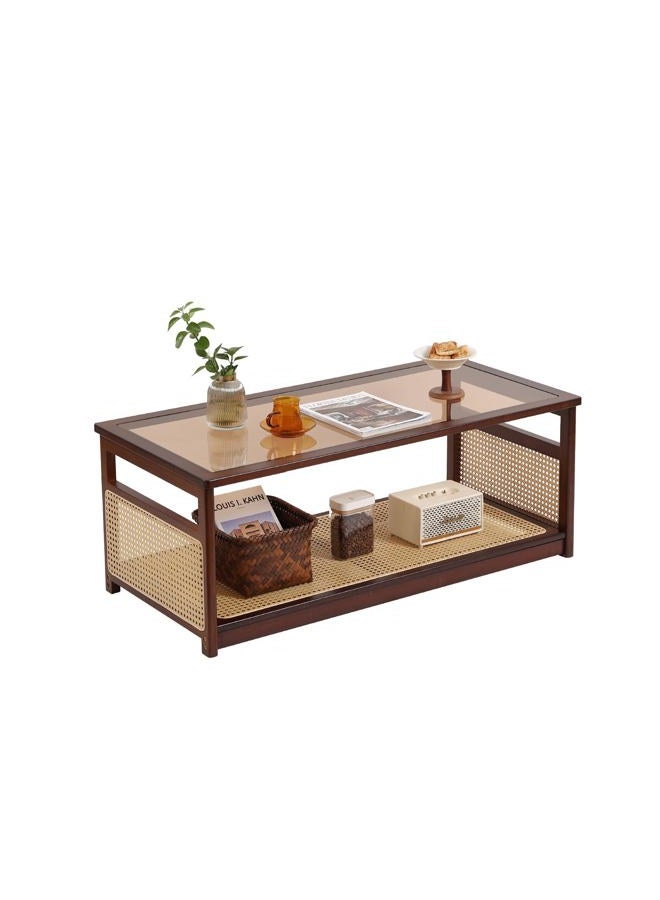 Welnow Rattan Coffee Tables for Living Room, Modern 2-Tier Coffee Table, Mid Century Rectangle Coffee Table with Storage Shelf & Glass Top, Large Boho Center Table for Apartment, Walnut - Image 1