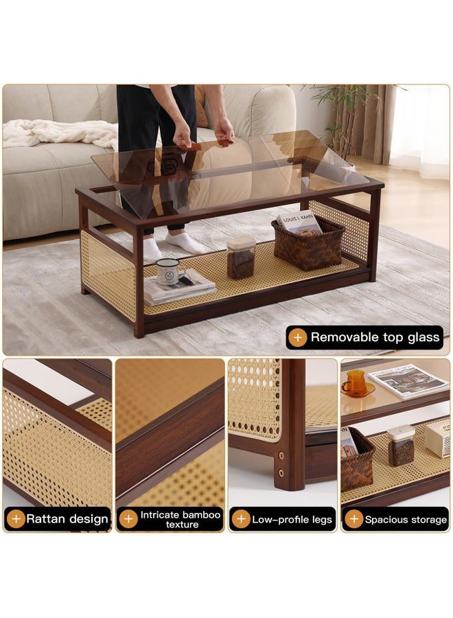 Welnow Rattan Coffee Tables for Living Room, Modern 2-Tier Coffee Table, Mid Century Rectangle Coffee Table with Storage Shelf & Glass Top, Large Boho Center Table for Apartment, Walnut - Image 4