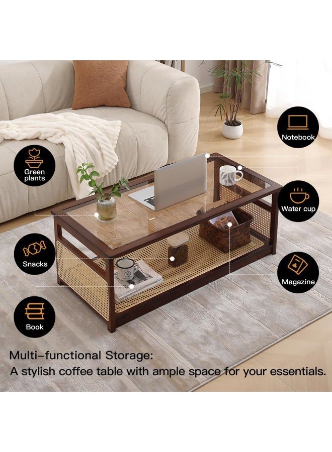 Welnow Rattan Coffee Tables for Living Room, Modern 2-Tier Coffee Table, Mid Century Rectangle Coffee Table with Storage Shelf & Glass Top, Large Boho Center Table for Apartment, Walnut - Image 5