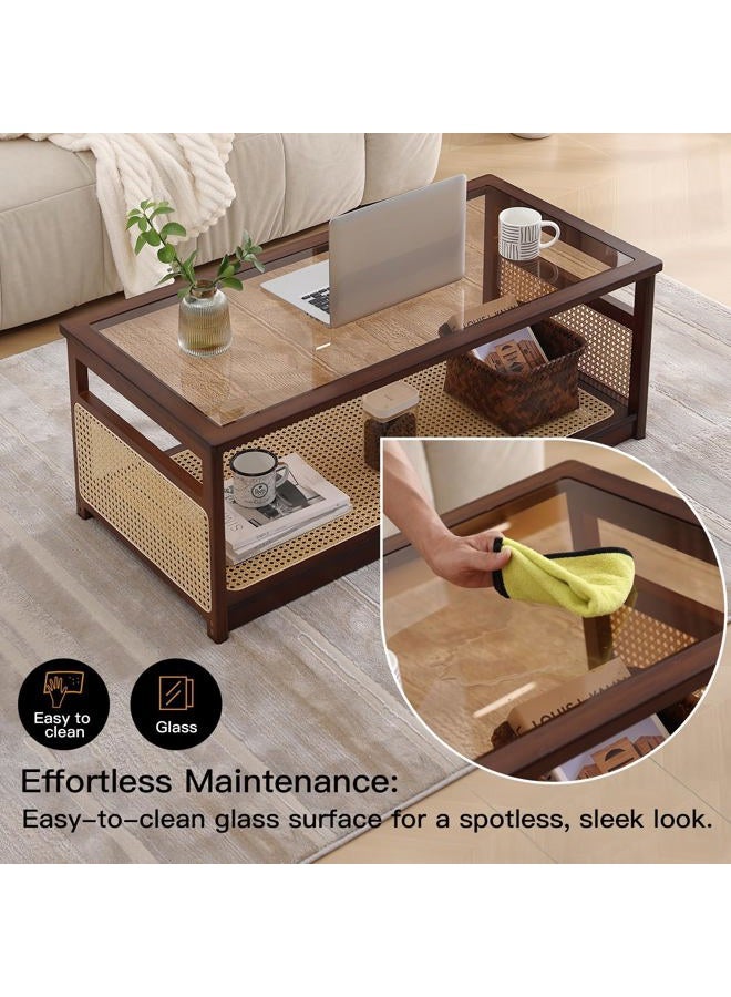 Welnow Rattan Coffee Tables for Living Room, Modern 2-Tier Coffee Table, Mid Century Rectangle Coffee Table with Storage Shelf & Glass Top, Large Boho Center Table for Apartment, Walnut - Image 3
