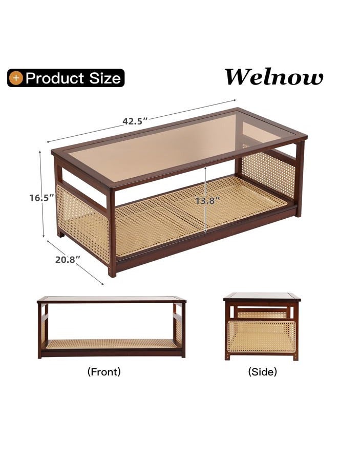 Welnow Rattan Coffee Tables for Living Room, Modern 2-Tier Coffee Table, Mid Century Rectangle Coffee Table with Storage Shelf & Glass Top, Large Boho Center Table for Apartment, Walnut - Image 2