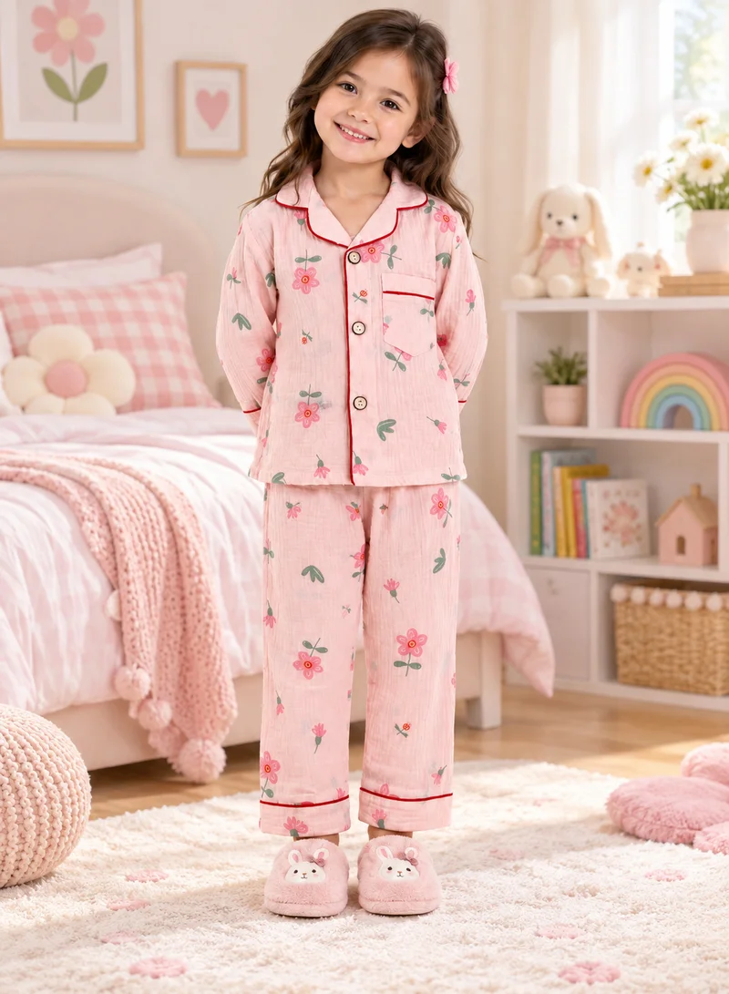 Babyqlo Girls Pink Floral Print Muslin Cotton Nightwear Set