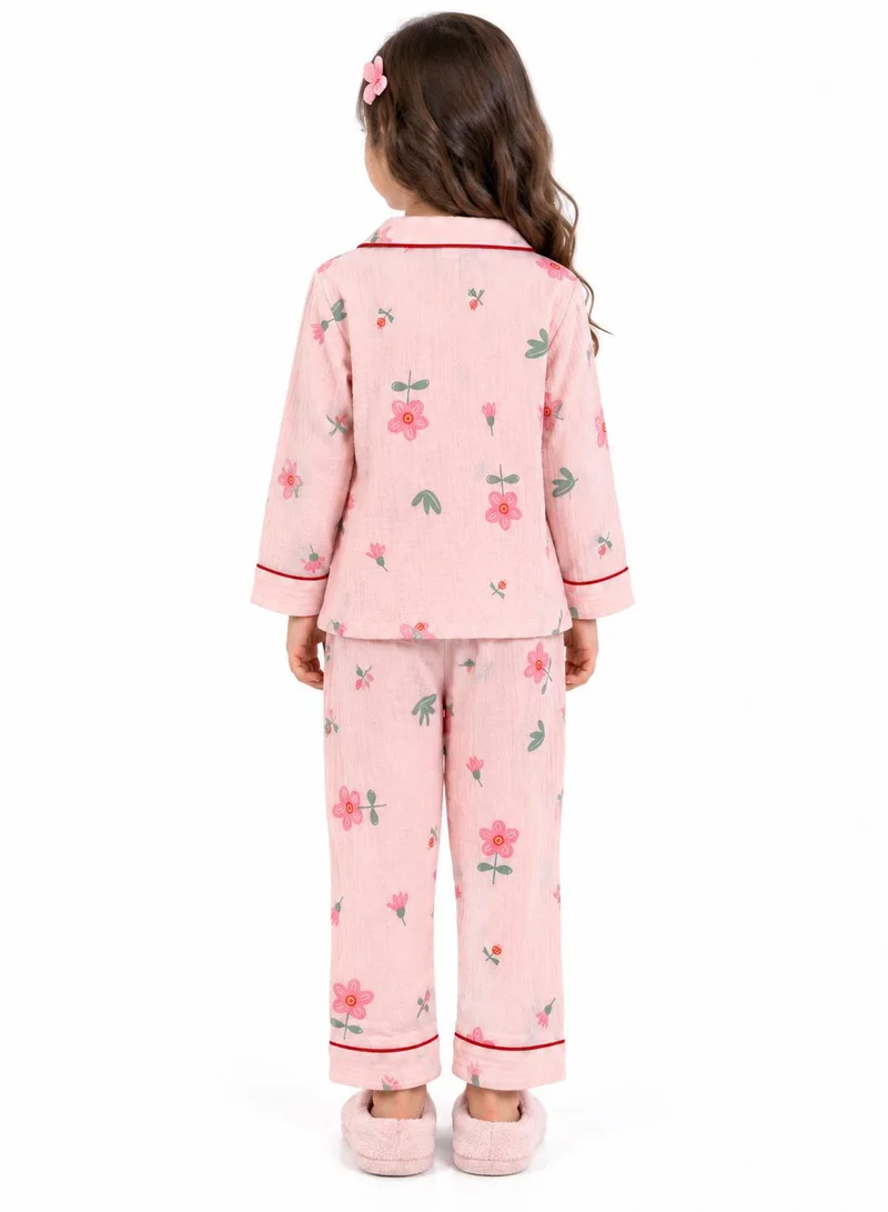 Babyqlo Girls Pink Floral Print Muslin Cotton Nightwear Set