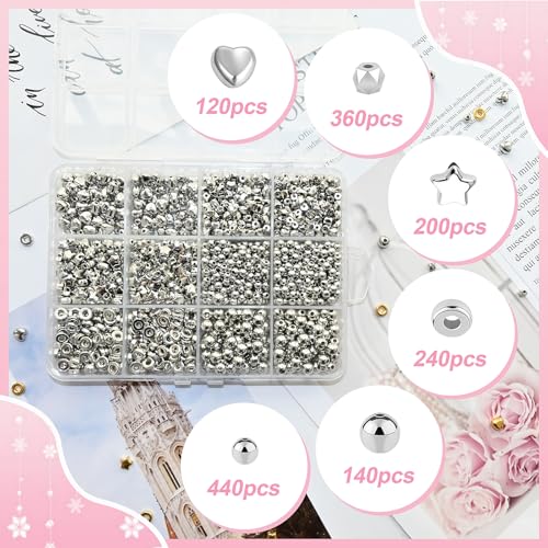 Looconi 1500pcs Silver Spacer Beads Set, Assorted Round Star Gold Beads for Bracelet Jewelry Making - Image 3