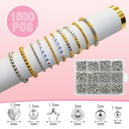 Looconi 1500pcs Silver Spacer Beads Set, Assorted Round Star Gold Beads for Bracelet Jewelry Making - Image 2