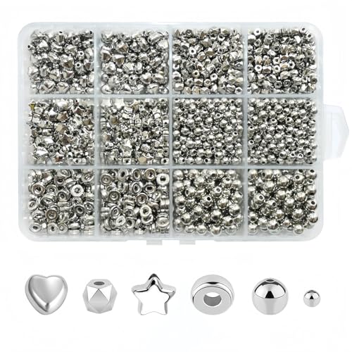 Looconi 1500pcs Silver Spacer Beads Set, Assorted Round Star Gold Beads for Bracelet Jewelry Making - Image 1