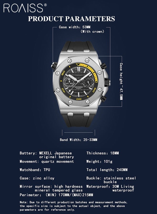 رويس ساعة كوارتز كرونوغراف بحزام من مادة TPU للرجال بقرص مستدير ثلاثي الأبعاد ذات مربعات، ساعة يد مضيئة مقاومة للماء كهدية للرجال - Image 3