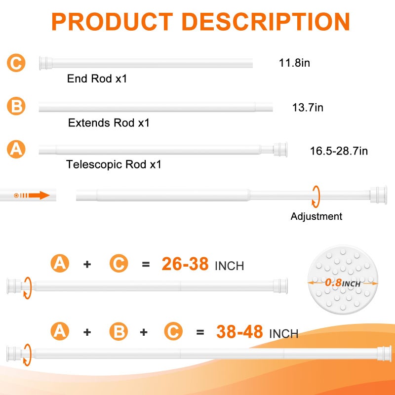 Fvonzn Tension Curtain Rod 26 to 48 Inch Adjustable Tension Rods 6 Pack Expandable Spring Tension Rod White No Drilling for Closet Kitchen Cupboard Wardrobe Door Bookshelf DIY Projects - Image 3