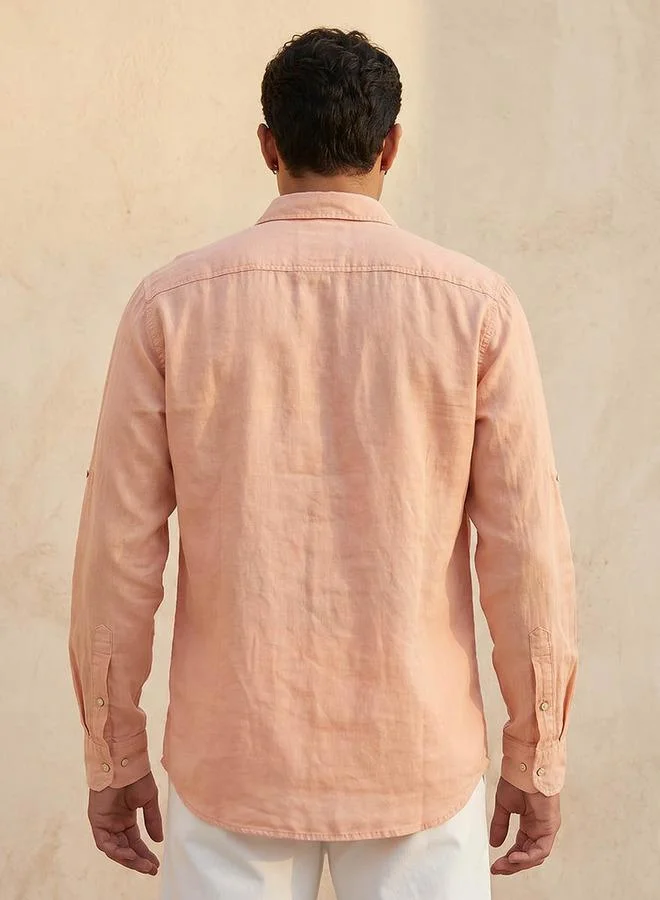Lee Cooper ORANGE Lee Cooper Men Regular Fit Collared Long Sleeves Linen Shirt for Men | Best Price UAE