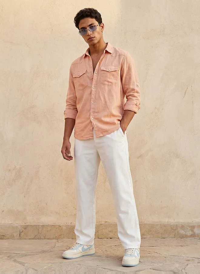 Lee Cooper ORANGE Lee Cooper Men Regular Fit Collared Long Sleeves Linen Shirt for Men | Best Price UAE