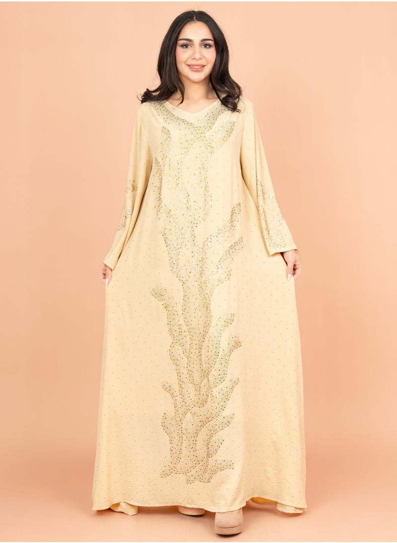 اكسا جلابية لامعة مع تفاصيل كرستال IK6007 بيج  - Image 1