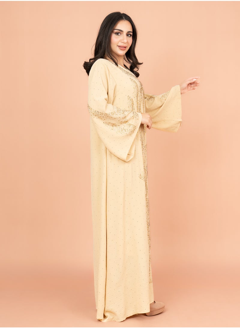 اكسا جلابية لامعة مع تفاصيل كرستال IK6007 بيج  - Image 3