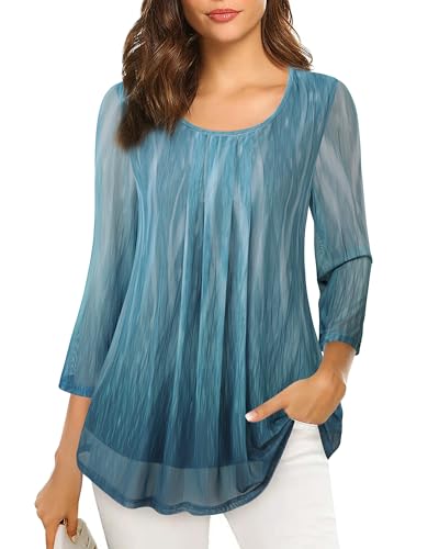 VALOLIA Women's Spring Tops And Blouses: Elegant - Womens Fancy Tops Dressy Evening - Womens Tunic Tops 3/4 Sleeve Trendy Pretty Blouses For Young Women Blue XXL - Image 5