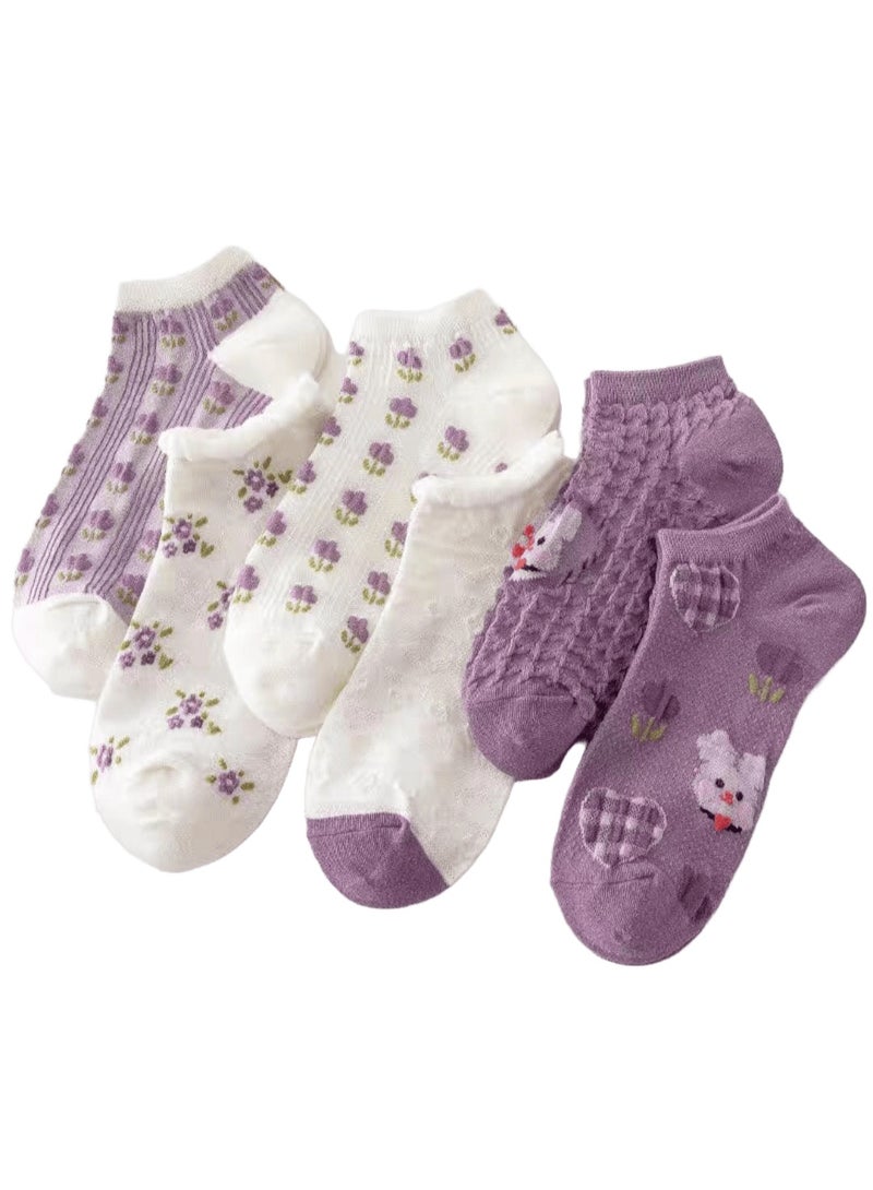 SMARTEDGE Women's Stylish Floral & Bear Print Short Summer Socks, Very Chic, 6-Pair Set in Assorted Colors. Trendy design for women and girls.