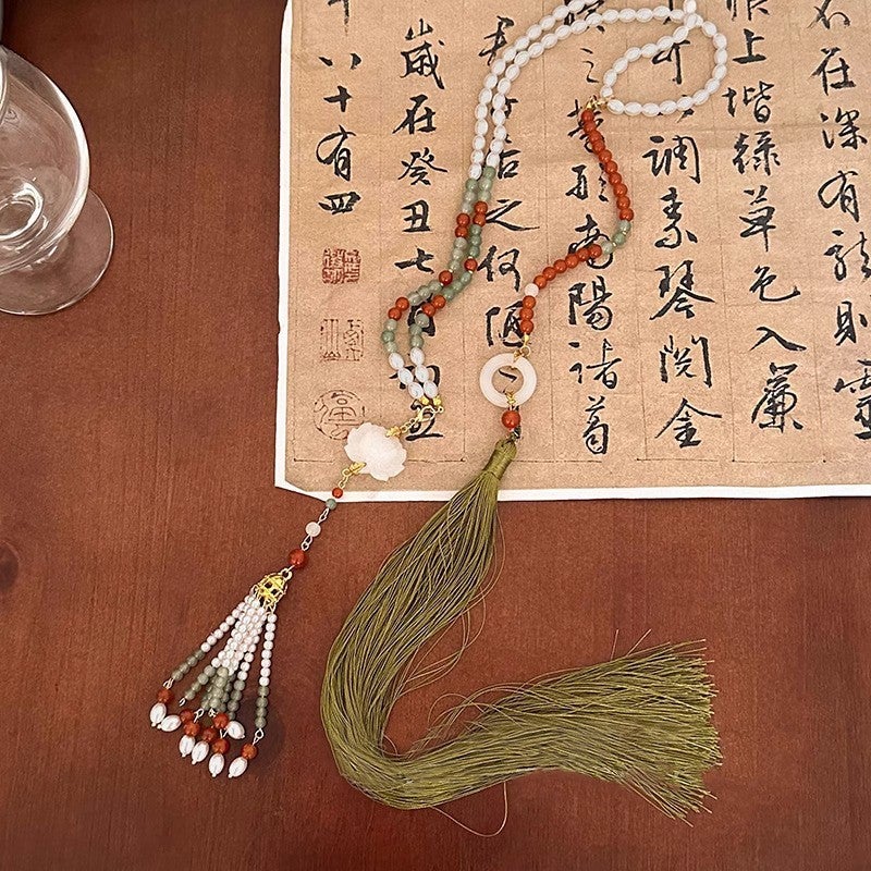 Generic Elegant Chinese Style Long Pearl Tassel Hanfu Dress Necklace for Kids Lotus wreaths [necklace back cloud set]] 